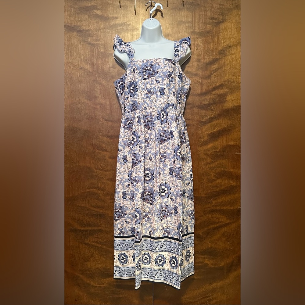 Anne Klein Ruffle Sleeve Smocked Midi Dress Womens 10 Blue Floral Cotton Wedding